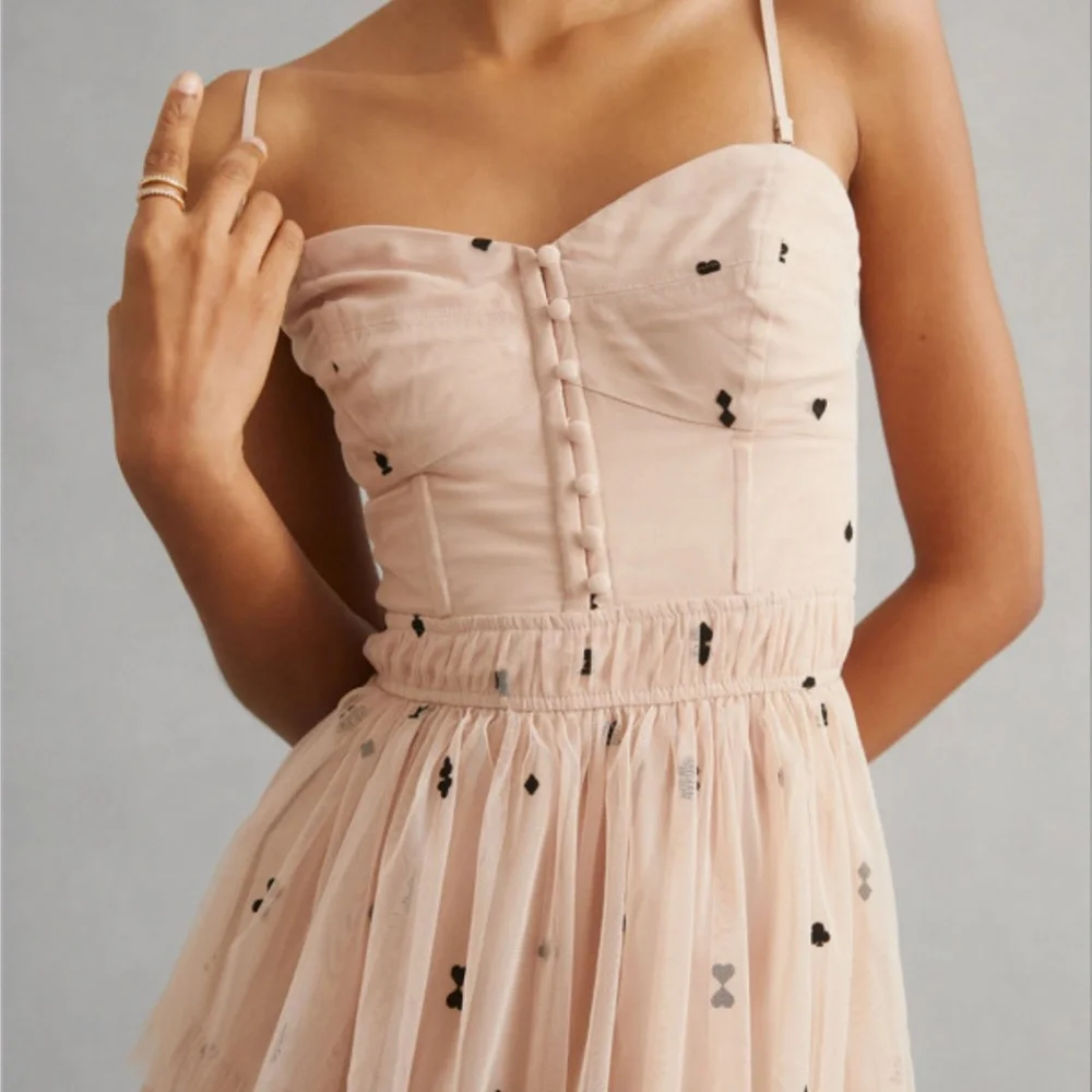 Maeve Strapless Blush Pink Tiered Tulle Maxi Dress with Black Dot Embellishments - Picture 3 of 5